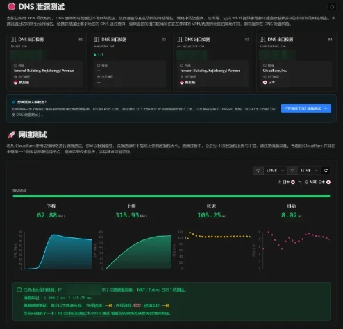 IPCheck.ing DNS 泄露检测与 Cloudflare 网速测试结果